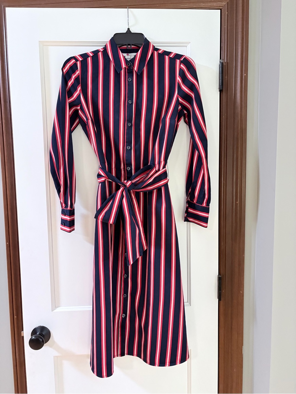 Boden Navy Dress with Pink and White Stripes — Button-Front Midi
